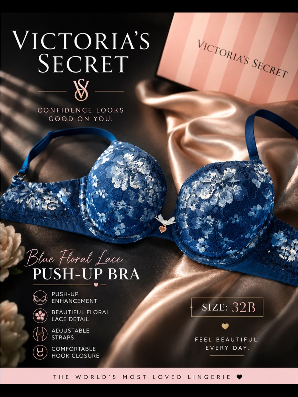Victoria's Secret Navy Blue Floral Lace Push-Up Bra